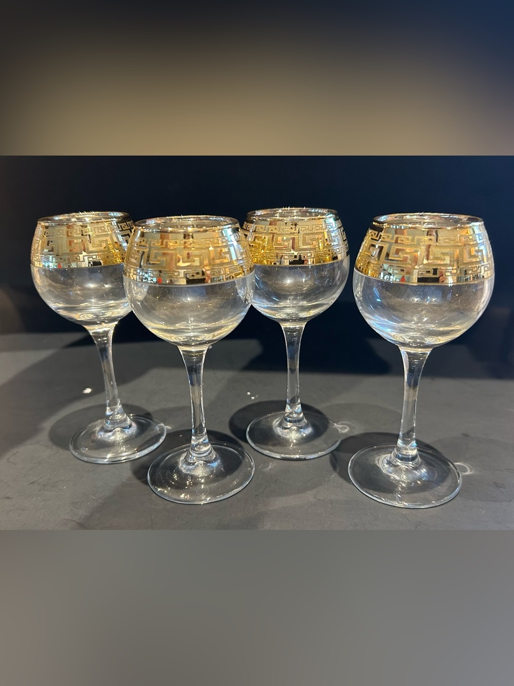 4 Vintage Greek Key Gold Rimmed Cordial Glasses - 4.7”.